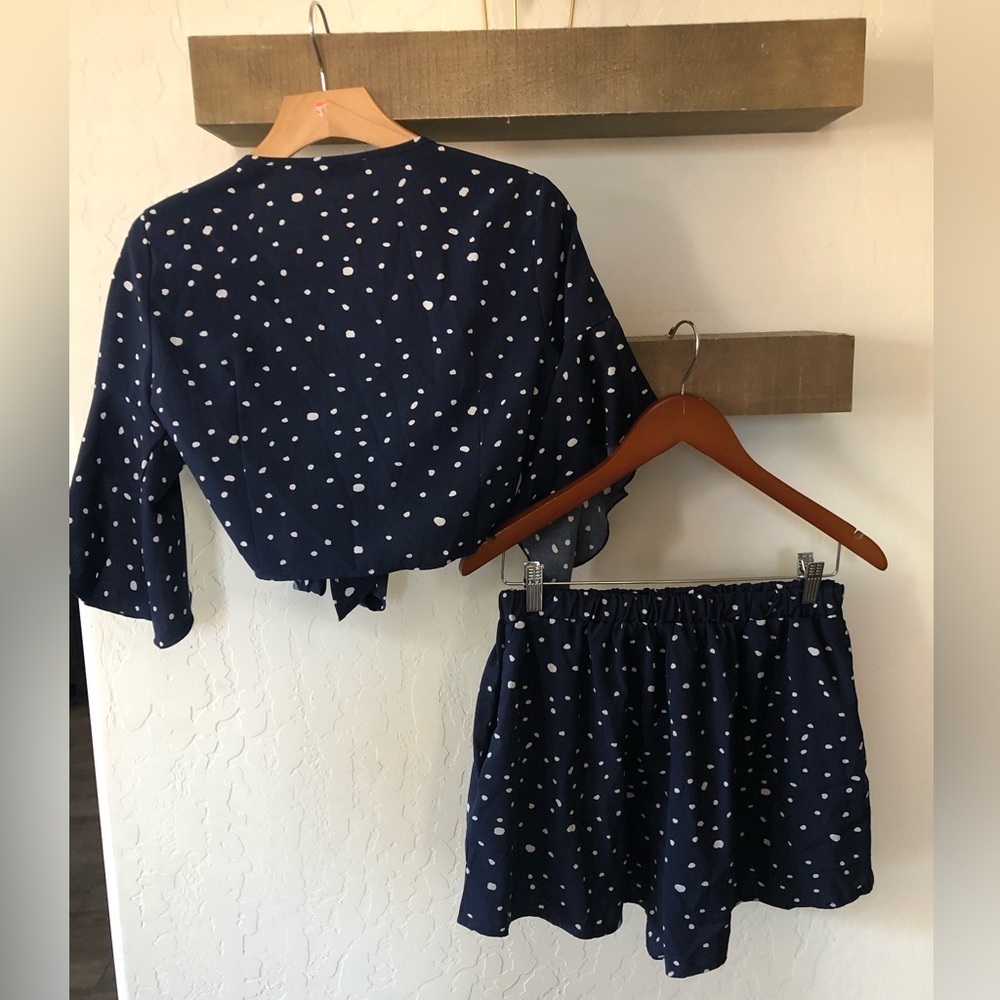 Shein|Satin Navy polka dot two piece SET, shorts & crop top•••Self tie crop top - Picture 5 of 15